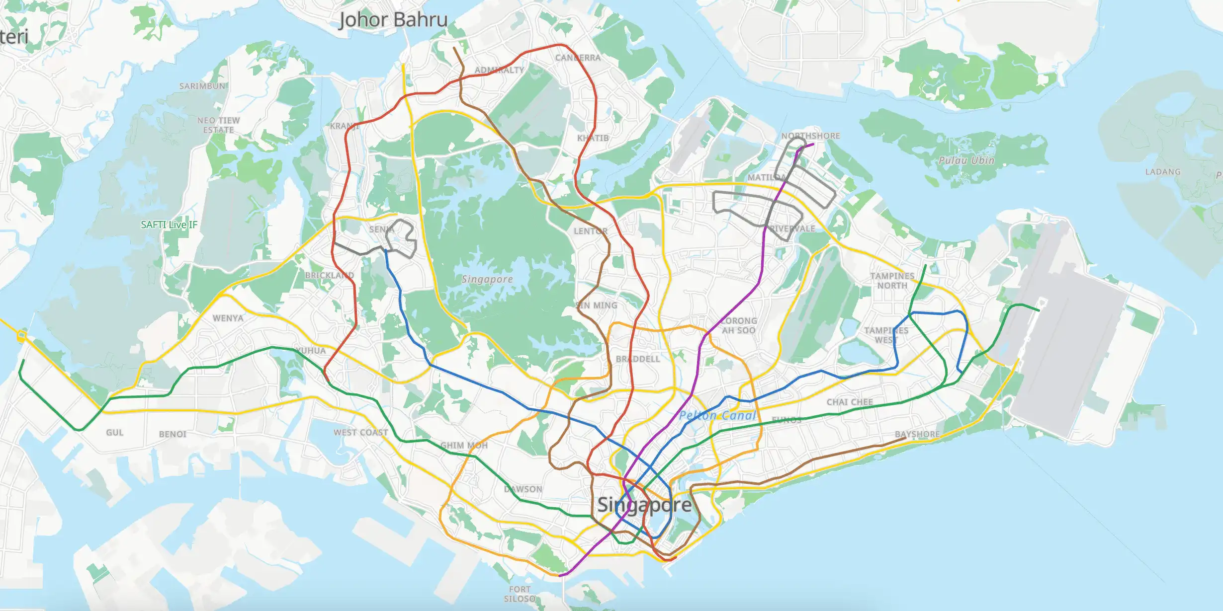 Singapore MRT and LRT Network Map showing all train lines including North-South Line, East-West Line, North-East Line, Circle Line, Downtown Line, Thomson-East Coast Line, and various LRT lines